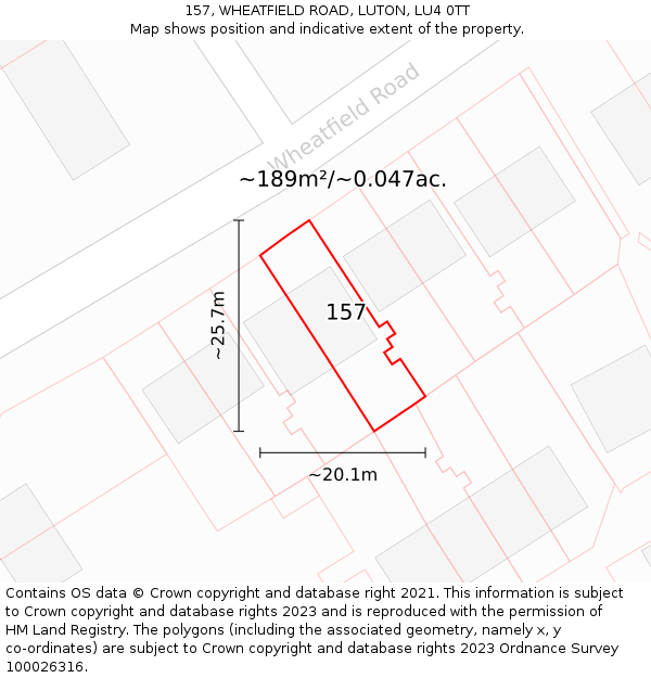 157, WHEATFIELD ROAD, LUTON, LU4 0TT: Plot and title map