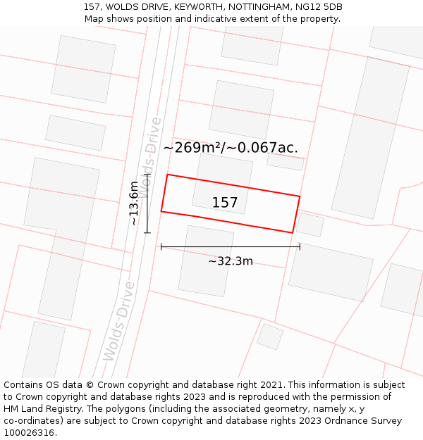 157, WOLDS DRIVE, KEYWORTH, NOTTINGHAM, NG12 5DB: Plot and title map