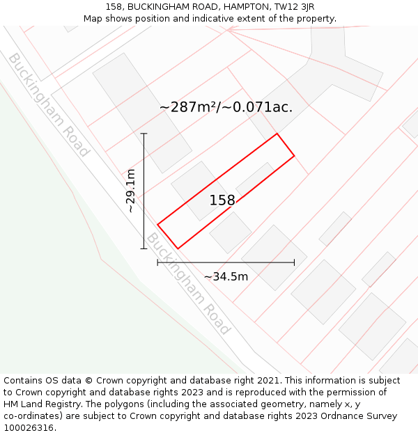 158, BUCKINGHAM ROAD, HAMPTON, TW12 3JR: Plot and title map