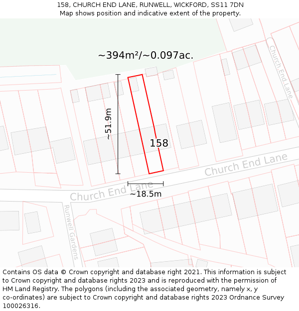 158, CHURCH END LANE, RUNWELL, WICKFORD, SS11 7DN: Plot and title map