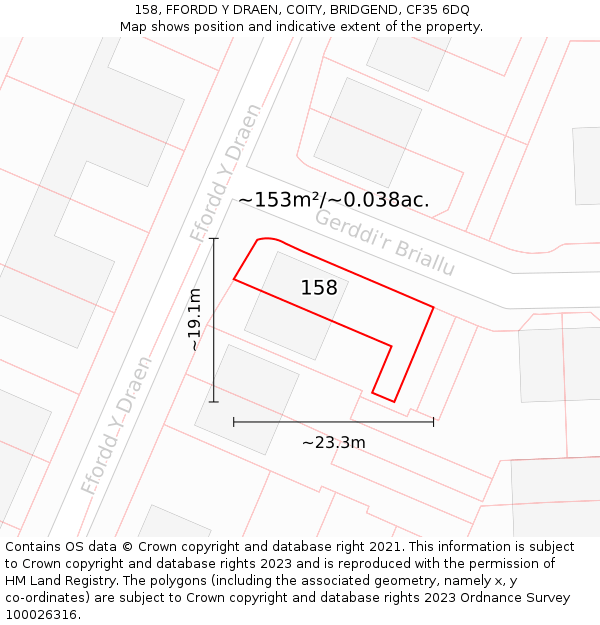 158, FFORDD Y DRAEN, COITY, BRIDGEND, CF35 6DQ: Plot and title map