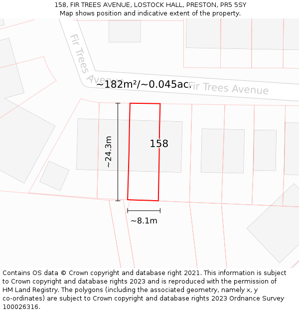158, FIR TREES AVENUE, LOSTOCK HALL, PRESTON, PR5 5SY: Plot and title map