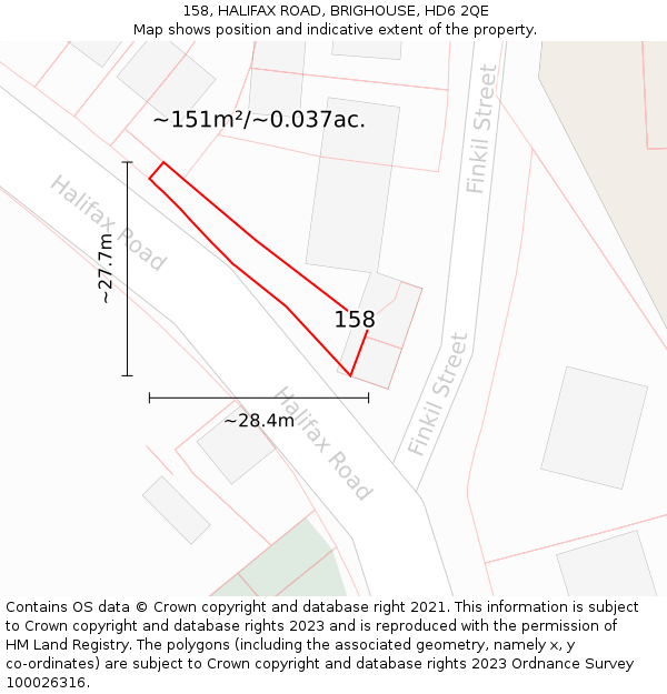 158, HALIFAX ROAD, BRIGHOUSE, HD6 2QE: Plot and title map