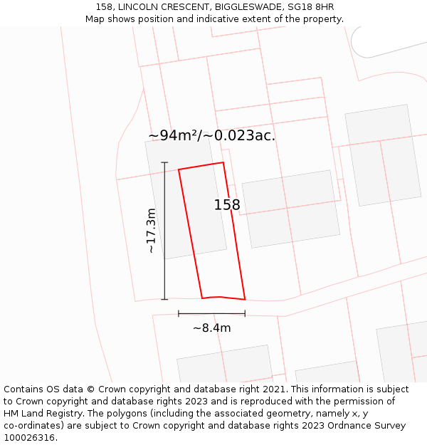 158, LINCOLN CRESCENT, BIGGLESWADE, SG18 8HR: Plot and title map