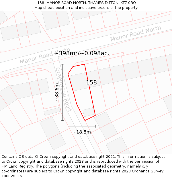 158, MANOR ROAD NORTH, THAMES DITTON, KT7 0BQ: Plot and title map