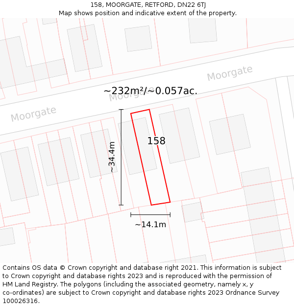158, MOORGATE, RETFORD, DN22 6TJ: Plot and title map
