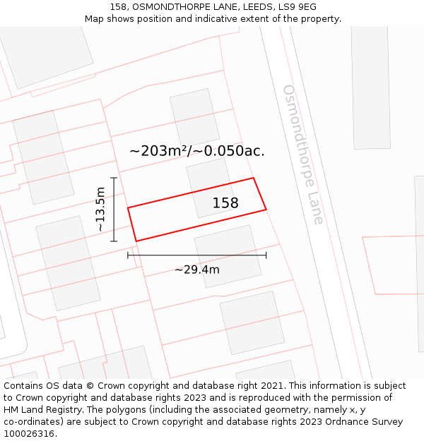 158, OSMONDTHORPE LANE, LEEDS, LS9 9EG: Plot and title map