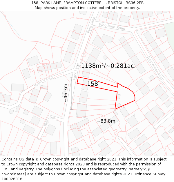 158, PARK LANE, FRAMPTON COTTERELL, BRISTOL, BS36 2ER: Plot and title map
