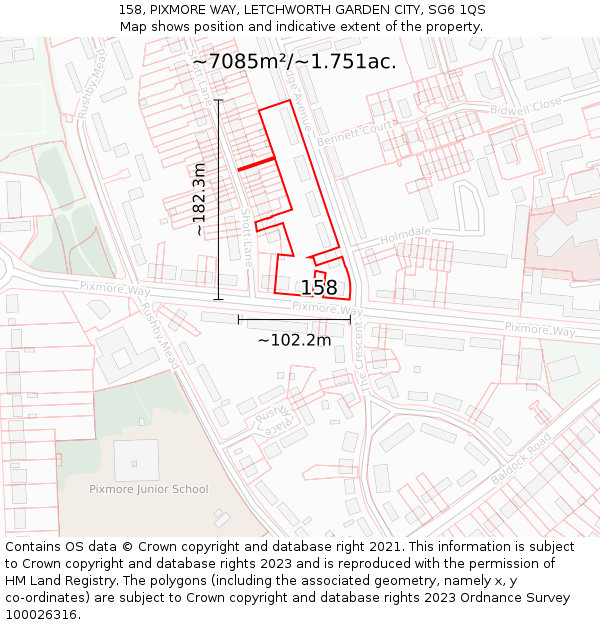 158, PIXMORE WAY, LETCHWORTH GARDEN CITY, SG6 1QS: Plot and title map