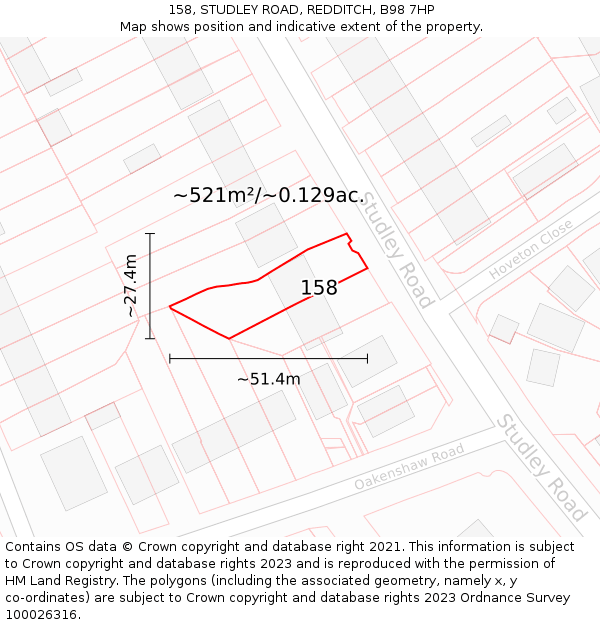 158, STUDLEY ROAD, REDDITCH, B98 7HP: Plot and title map