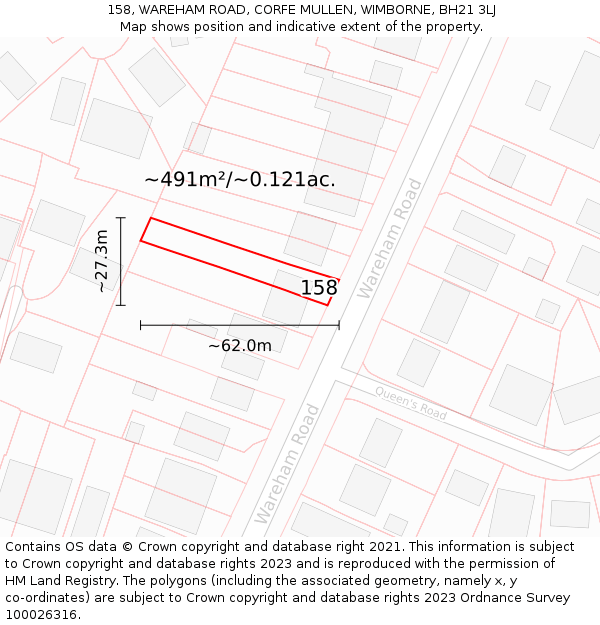 158, WAREHAM ROAD, CORFE MULLEN, WIMBORNE, BH21 3LJ: Plot and title map