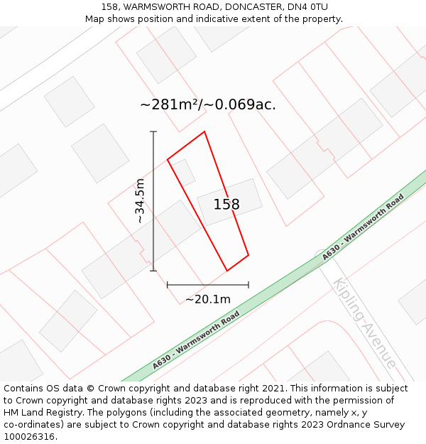 158, WARMSWORTH ROAD, DONCASTER, DN4 0TU: Plot and title map
