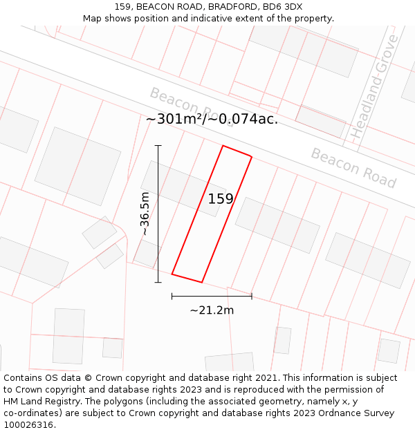 159, BEACON ROAD, BRADFORD, BD6 3DX: Plot and title map