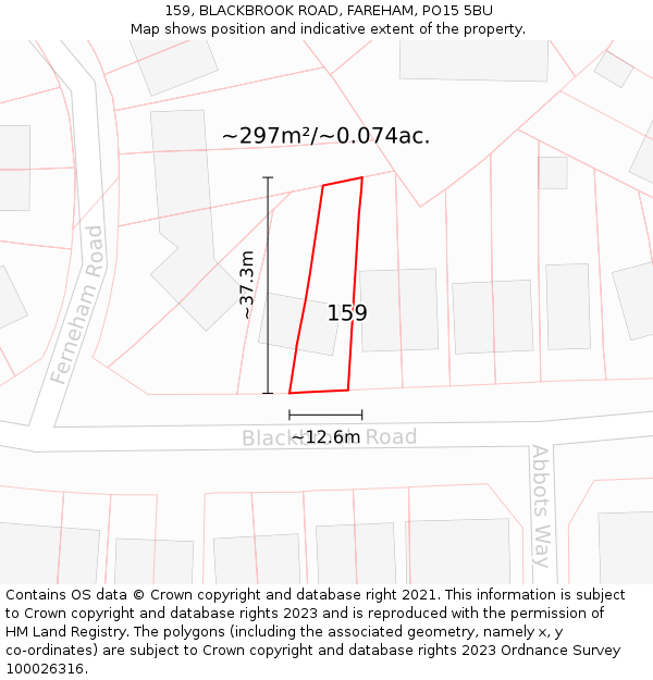 159, BLACKBROOK ROAD, FAREHAM, PO15 5BU: Plot and title map