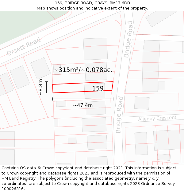 159, BRIDGE ROAD, GRAYS, RM17 6DB: Plot and title map