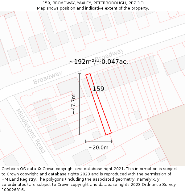 159, BROADWAY, YAXLEY, PETERBOROUGH, PE7 3JD: Plot and title map
