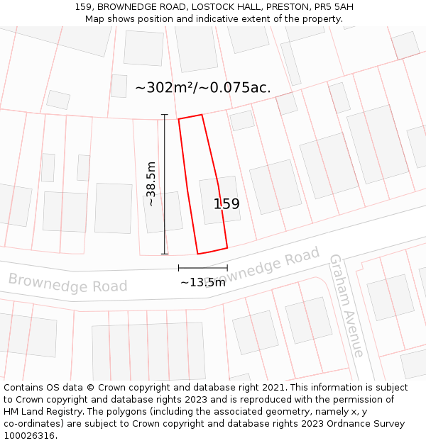 159, BROWNEDGE ROAD, LOSTOCK HALL, PRESTON, PR5 5AH: Plot and title map