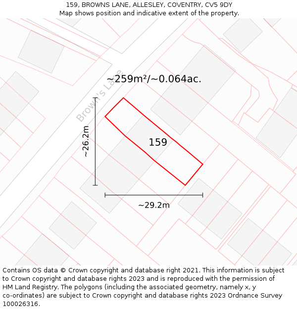 159, BROWNS LANE, ALLESLEY, COVENTRY, CV5 9DY: Plot and title map