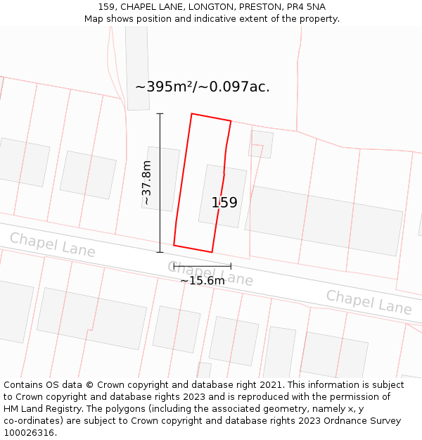 159, CHAPEL LANE, LONGTON, PRESTON, PR4 5NA: Plot and title map