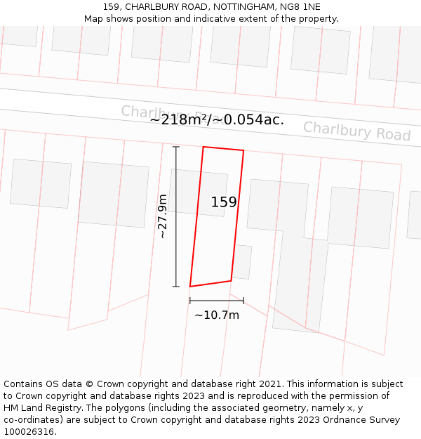 159, CHARLBURY ROAD, NOTTINGHAM, NG8 1NE: Plot and title map