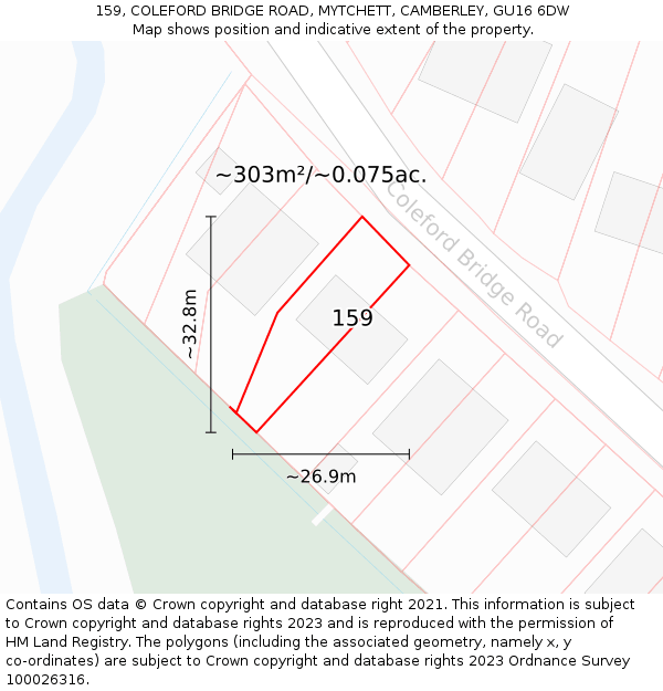 159, COLEFORD BRIDGE ROAD, MYTCHETT, CAMBERLEY, GU16 6DW: Plot and title map