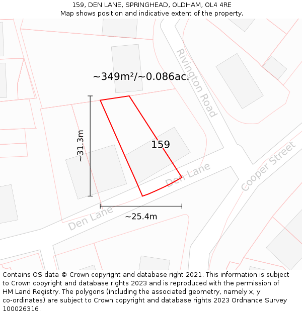 159, DEN LANE, SPRINGHEAD, OLDHAM, OL4 4RE: Plot and title map