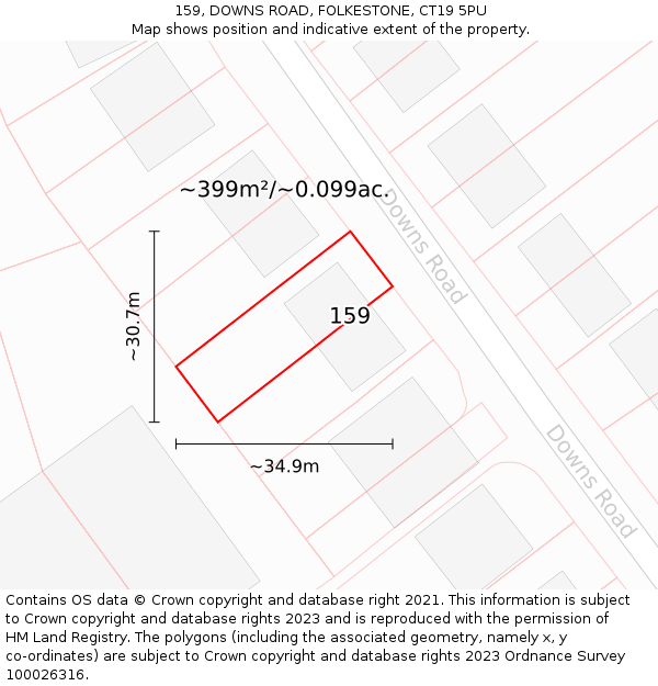 159, DOWNS ROAD, FOLKESTONE, CT19 5PU: Plot and title map