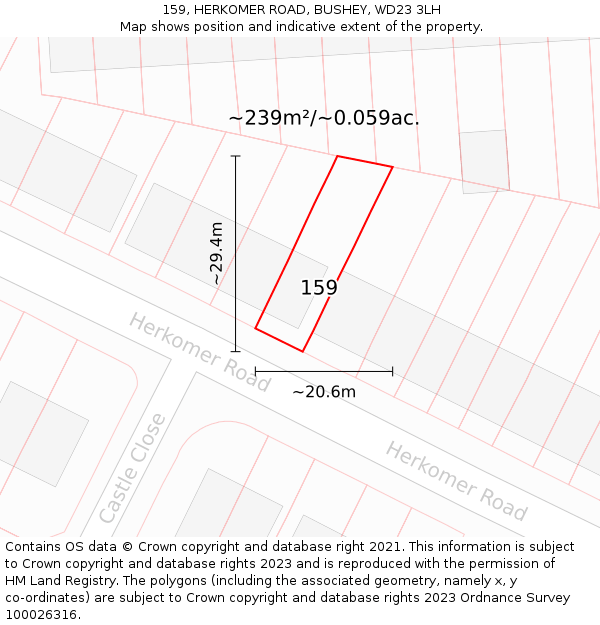 159, HERKOMER ROAD, BUSHEY, WD23 3LH: Plot and title map