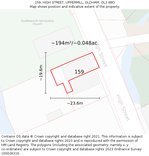 159, HIGH STREET, UPPERMILL, OLDHAM, OL3 6BD: Plot and title map