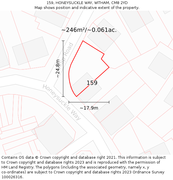 159, HONEYSUCKLE WAY, WITHAM, CM8 2YD: Plot and title map