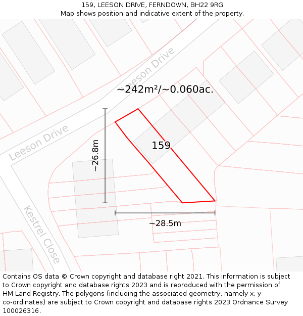 159, LEESON DRIVE, FERNDOWN, BH22 9RG: Plot and title map