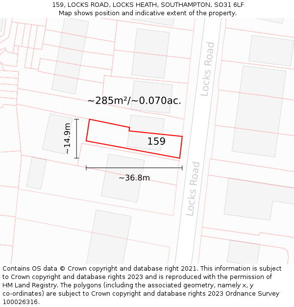 159, LOCKS ROAD, LOCKS HEATH, SOUTHAMPTON, SO31 6LF: Plot and title map