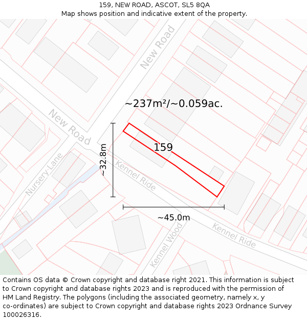 159, NEW ROAD, ASCOT, SL5 8QA: Plot and title map