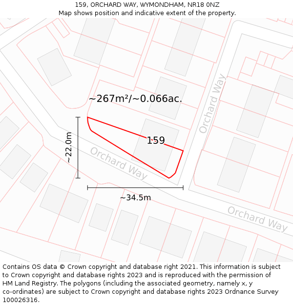 159, ORCHARD WAY, WYMONDHAM, NR18 0NZ: Plot and title map