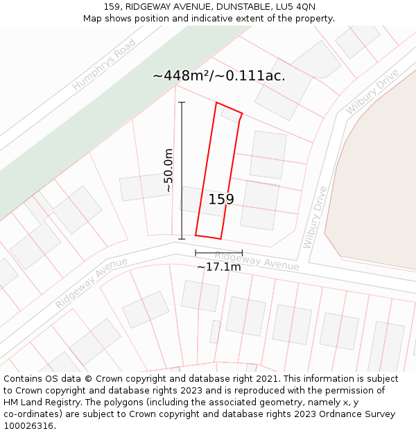 159, RIDGEWAY AVENUE, DUNSTABLE, LU5 4QN: Plot and title map