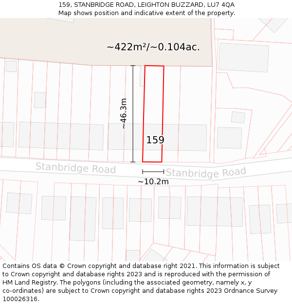 159, STANBRIDGE ROAD, LEIGHTON BUZZARD, LU7 4QA: Plot and title map