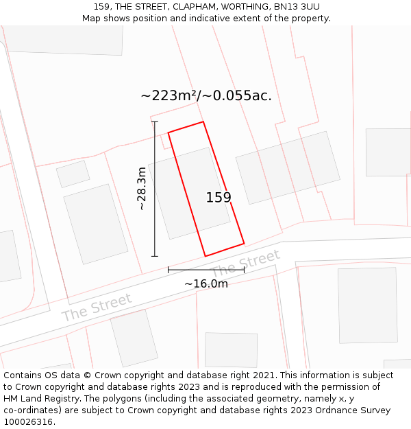 159, THE STREET, CLAPHAM, WORTHING, BN13 3UU: Plot and title map