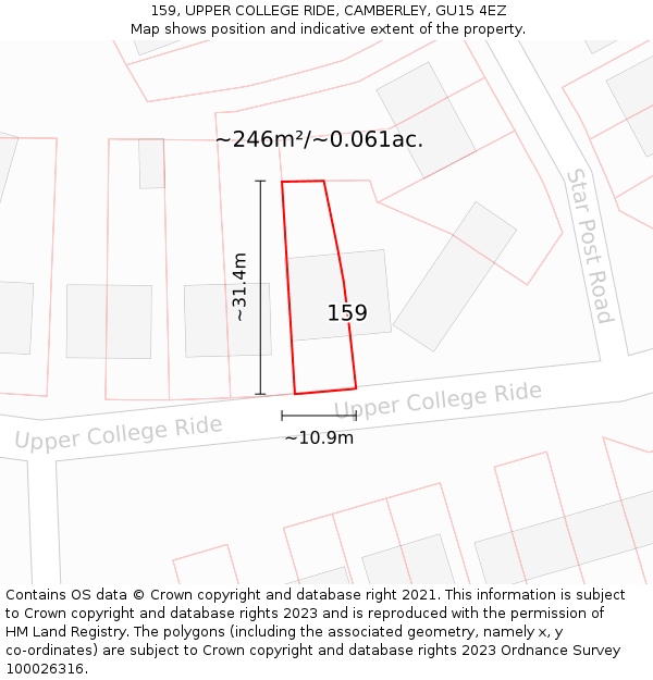 159, UPPER COLLEGE RIDE, CAMBERLEY, GU15 4EZ: Plot and title map