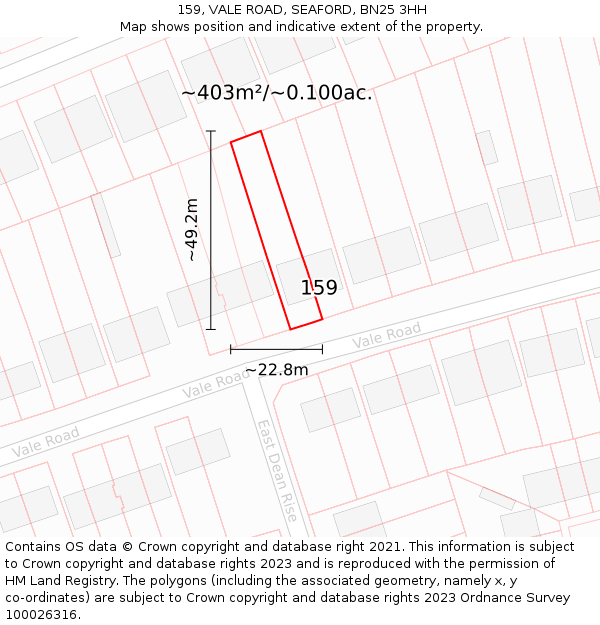 159, VALE ROAD, SEAFORD, BN25 3HH: Plot and title map