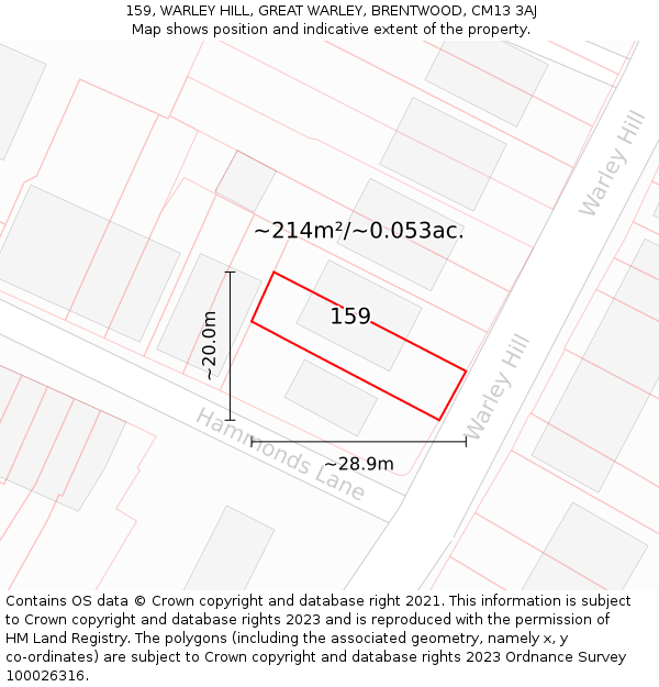 159, WARLEY HILL, GREAT WARLEY, BRENTWOOD, CM13 3AJ: Plot and title map