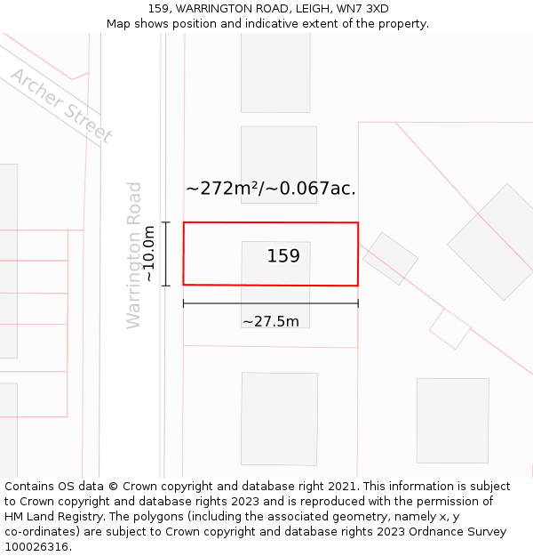 159, WARRINGTON ROAD, LEIGH, WN7 3XD: Plot and title map