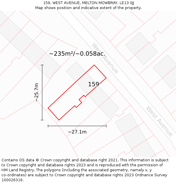 159, WEST AVENUE, MELTON MOWBRAY, LE13 0JJ: Plot and title map