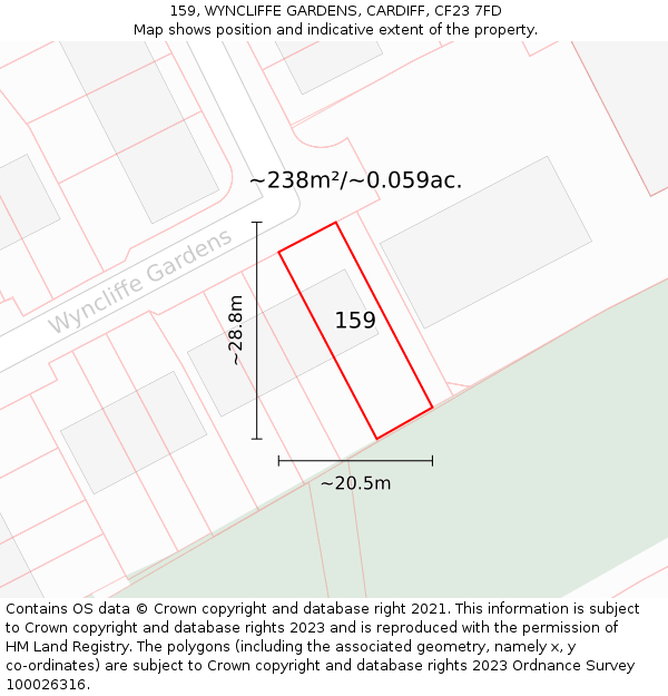159, WYNCLIFFE GARDENS, CARDIFF, CF23 7FD: Plot and title map