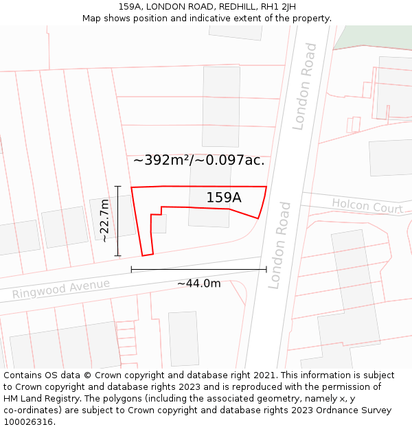 159A, LONDON ROAD, REDHILL, RH1 2JH: Plot and title map