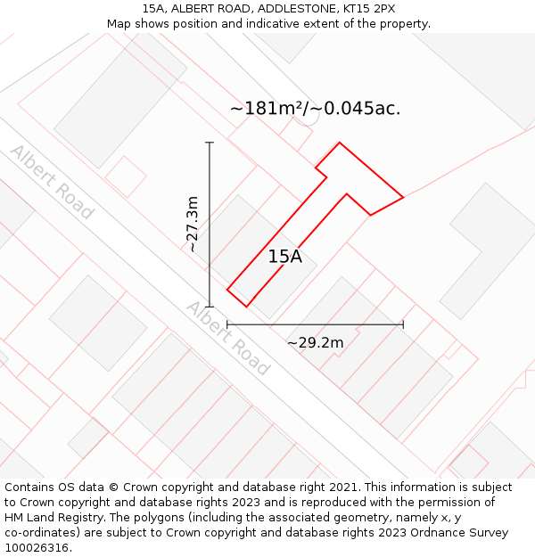 15A, ALBERT ROAD, ADDLESTONE, KT15 2PX: Plot and title map