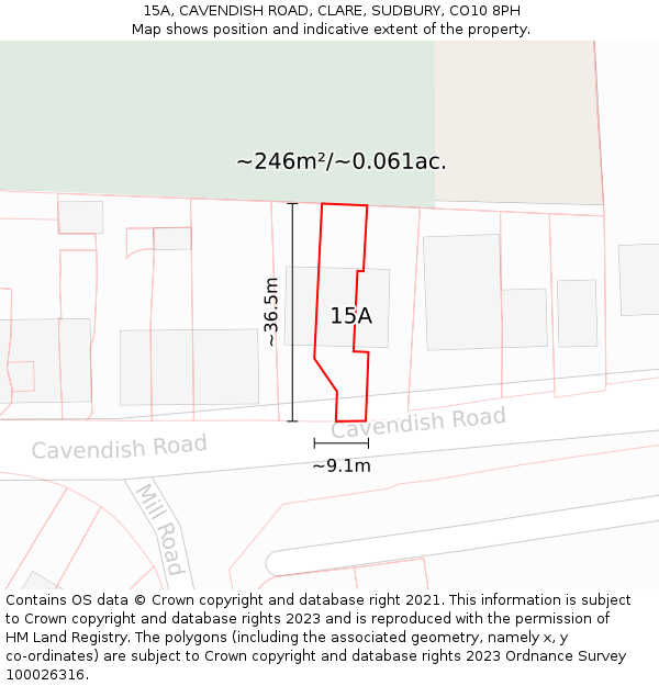 15A, CAVENDISH ROAD, CLARE, SUDBURY, CO10 8PH: Plot and title map