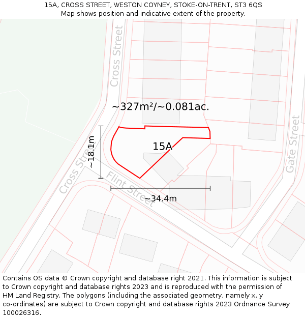15A, CROSS STREET, WESTON COYNEY, STOKE-ON-TRENT, ST3 6QS: Plot and title map
