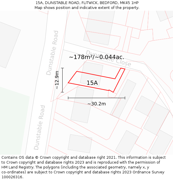 15A, DUNSTABLE ROAD, FLITWICK, BEDFORD, MK45 1HP: Plot and title map