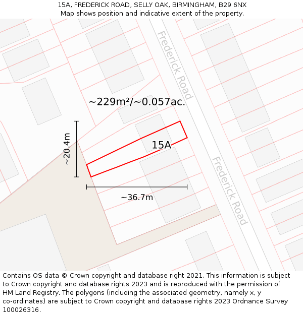 15A, FREDERICK ROAD, SELLY OAK, BIRMINGHAM, B29 6NX: Plot and title map