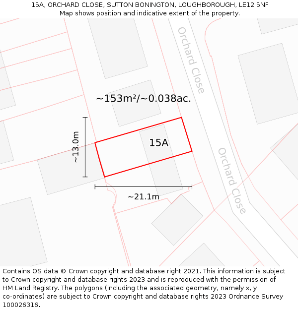 15A, ORCHARD CLOSE, SUTTON BONINGTON, LOUGHBOROUGH, LE12 5NF: Plot and title map
